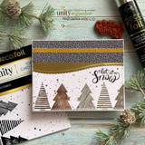 'let it snow' on a card with foiled patterned Christmas trees.