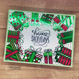 'happy HOLIDAYS' framed by colorful stamped gift boxes.