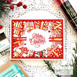 'Merry Christmas' framed by red-and-white stamped presents.