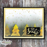 'let it Snow' on a black panel with gold foiled trees and splatter.