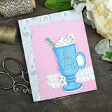 Pink card of the blue mug with 'BIG HAPPY WISHES.'