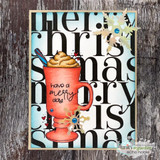 Bold card of the mug with 'have a merry day' on a Christmas-text panel.