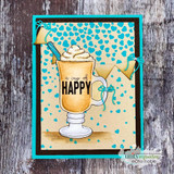 Card of the golden mug with 'a cup of HAPPY.'