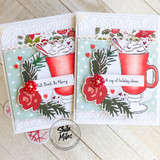 Christmas card of the red cocoa mugs with 'A cup of holiday cheer.'