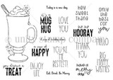 Red rubber Front & Center stamp set of a tall mug of cocoa with sentiments 'It's a MUG HUG,' 'hey sweet thang' and 'a cup of Happy.'