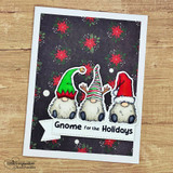 Card with the gnomes over dark poinsettia paper and 'Gnome for the Holidays.'