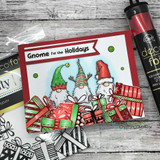 Card with the gnome trio colored among wrapped gifts and 'Gnome for the Holidays.'