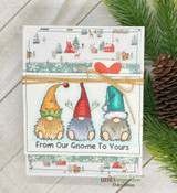 Card with three gnomes on a snowy-village scene and 'From Our Gnome To Yours.'