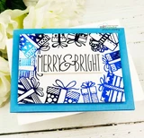 Blue card layering the holly line art with a bold "Merry & Bright" over a present-print background.