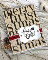 Kraft card with the Christmas text background, a 'Peace on Earth' label, and red ribbon