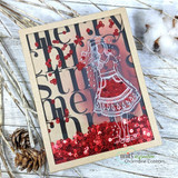 Kraft shaker card with a white-embossed dress silhouette, red sequins, and the typography background