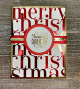 Red-foiled typography card with a 'happy HOLIDAYS' circle medallion and gold ribbon