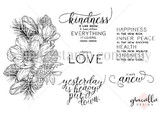 Red-rubber Start Anew stamp set — a magnolia floral bouquet with sentiments 'kindness is like snow...', 'choose LOVE', 'yesterday is heavy, put it down.' and 'start anew.'