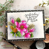 Card with the magnolia-and-cosmos bouquet in pink and green over 'yesterday is heavy, put it down.'
