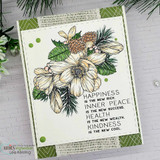 Card with the magnolia bouquet and pinecones over 'Happiness is the new rich, inner peace is the new success, health is the new wealth, kindness is the new cool.'