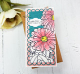 Slimline card with the bouquet colored in soft pinks on a teal scalloped panel over kraft.