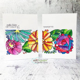 Two slimline cards side by side with the flowers colored in rainbow brights, 'thinking of you' along the bottom.