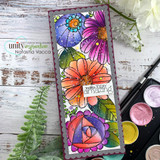 Slimline card with the funky flowers colored in jewel tones over a turquoise watercolor wash.