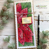Slimline card with the poinsettia colored red and green over the scripted background, kraft tag sentiment.
