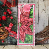 Slimline card with the poinsettia panel and a pink circle sentiment, red berries alongside.
