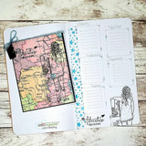 Travel-journal spread of the girl stamped over a colored map, 'Adventure Beckons.'