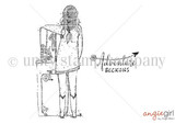 Line-art stamp of a girl shouldering a backpack beside a rolling suitcase with the sentiment 'Adventure Beckons.'