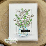 Graciellie Design's mason jar of cotton stems with 'simply blessed' and 'grateful,' a red rubber stamp shown on a handmade encouragement card.