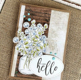 Graciellie Design's mason jar of cotton stems with 'simply blessed' and 'grateful,' a red rubber stamp shown on a handmade encouragement card.