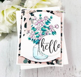 Graciellie Design's mason jar of cotton stems with 'simply blessed' and 'grateful,' a red rubber stamp shown on a handmade encouragement card.