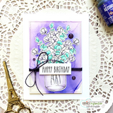 Graciellie Design's mason jar of cotton stems with 'simply blessed' and 'grateful,' a red rubber stamp shown on a handmade encouragement card.