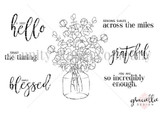 Line-art stamp sheet: Graciellie Design's cotton-stem mason jar with 'simply blessed,' 'grateful,' 'a cozy hello' red rubber stamps, Unity Stamp Co.