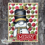Card with a red-and-green polka-dot background behind a snowman and "MERRY."