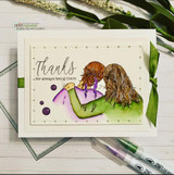 Card of the two friends embracing in green and purple, stamped 'Thanks for always being there.'