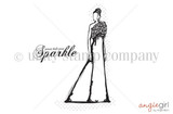 Line-art stamp of an elegant woman in a floor-length gown with a rosette-covered bodice, beside the script sentiment "Never dull your sparkle."
