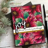 Deep pink and magenta poinsettia panel with a white script Joy and a gold-edged strip reading Warm winter greetings.