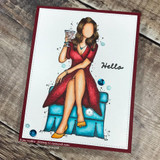 AngieGirl in a red dress with a martini on a white card, 'Hello'.