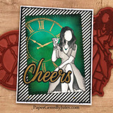 AngieGirl in silver raising a glass on a green clock-themed 'Cheers' card.