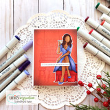 AngieGirl in blue with a drink on a warm library-print card, 'let our lives be full of thanks & giving'.