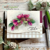 Card with a colored winter swag of magnolias and pinecones over gingham and 'Winter wishes.'
