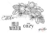 Line-art stamp sheet of a floral winter swag with pinecones plus 'Hello Winter,' 'Winter wishes' and 'Stay cozy.'