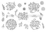 Christmas Elements red rubber stamp set: hand-lettered 'Merry Christmas', 'Merry & Happy', 'Happy Holidays', 'Joy to the World' and 'Best Wishes' with snowflakes, holly, pine sprigs, pinecones and berries.