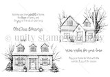 Line-art red rubber stamp set 'Warm Wishes for Your Home' showing a two-story house with evergreens and snow, plus holiday sentiments including 'Christmas Blessings.'