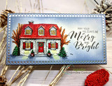 A card project showing a cozy home framed by snowy evergreens, paired with the greeting "Christmas Blessings."