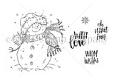 Line-art red rubber stamp of a scarf-wearing snowman with sentiments "oh what fun," "warm wishes" and "with love."