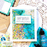 'Happy Birthday' word background in soft aqua, 'wishing you a happy birthday and many more.'