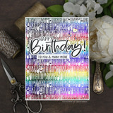 'Happy Birthday' word background blended rainbow, 'Birthday! to you & many more.'