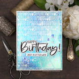 'Happy Birthday' word background in teal, 'Happy Birthday! just a little late.'