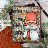 Herringbone kraft card of the top-hat snowman in a peach hat with PEACE LOVE JOY NOEL tags