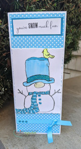 Blue polka-dot slimline of the snowman with a yellow bird and 'you're SNOW much fun'