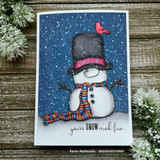 Navy snowfall card of the snowman with a red cardinal on his hat and 'you're SNOW much fun'